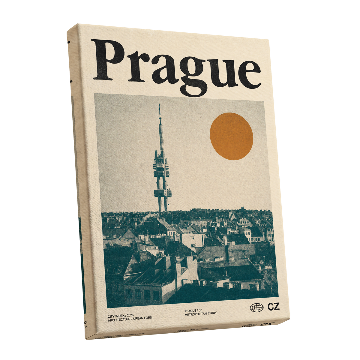 Prague Signal, beige, green, orange minimalist wall art shown as a stretched canvas wall art