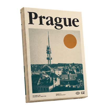 Prague Signal, beige, green, orange minimalist wall art shown as a stretched canvas wall art