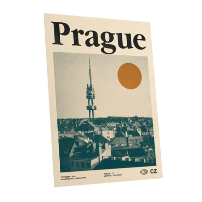 Prague Signal, beige, green, orange minimalist wall art shown as a unframed poster wall art print