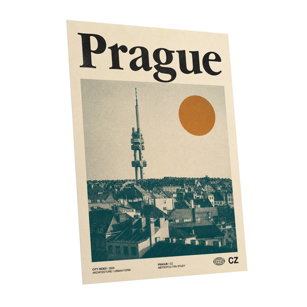 Prague Signal, beige, green, orange minimalist wall art shown as a unframed poster wall art print