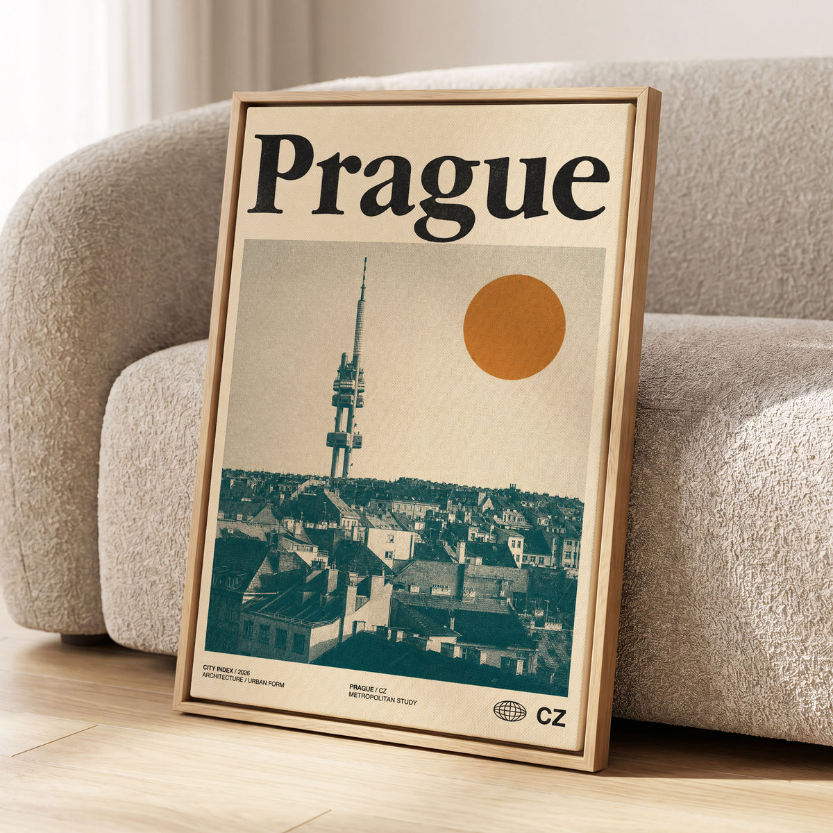 Prague Signal, beige, green, orange minimalist wall art displayed in a styled interior, gallery view 1