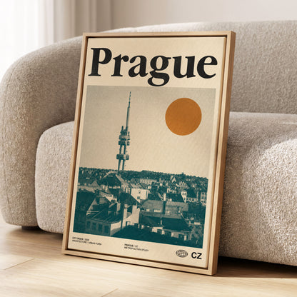 Prague Signal, beige, green, orange minimalist wall art displayed in a styled interior, gallery view 1