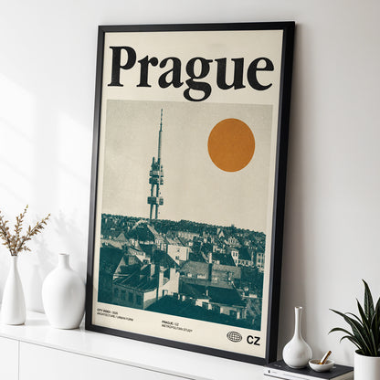 Prague Signal, beige, green, orange minimalist wall art displayed in a styled interior, gallery view 2