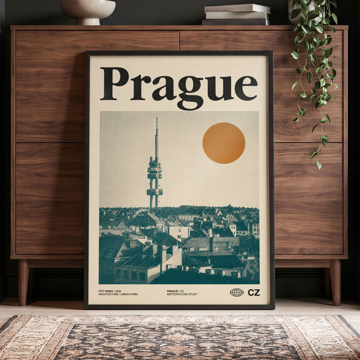 Prague Signal, beige, green, orange minimalist wall art displayed in a styled interior, gallery view 4