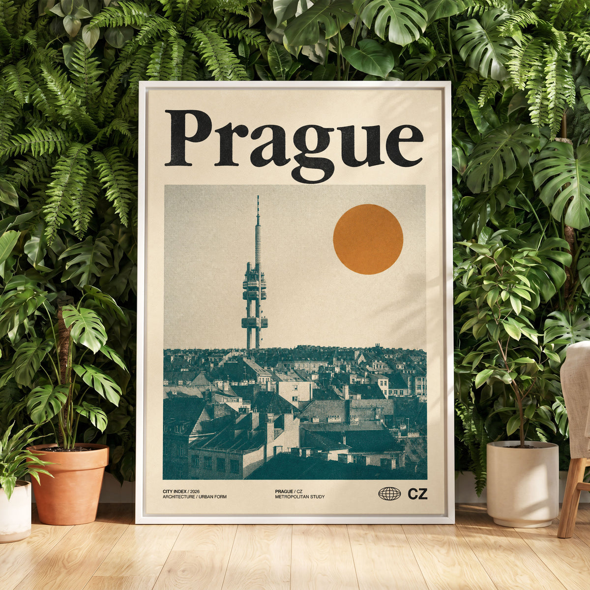 Prague Signal, beige, green, orange minimalist wall art displayed in a styled interior, gallery view 5