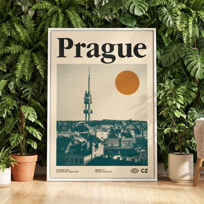 Prague Signal, beige, green, orange minimalist wall art displayed in a styled interior, gallery view 5