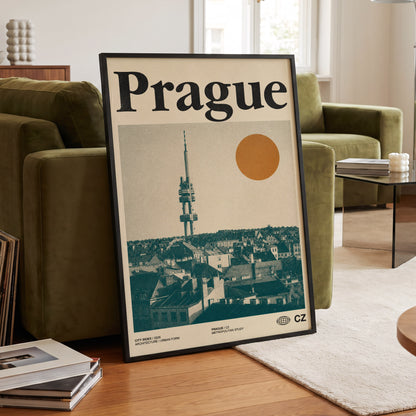 Prague Signal, beige, green, orange minimalist wall art displayed in a styled interior, gallery view 6