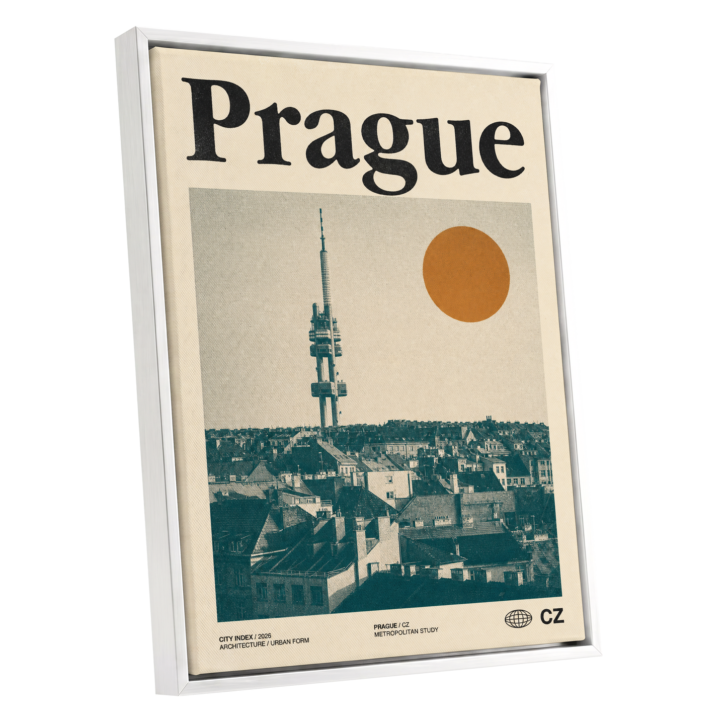 Prague Signal, beige, green, orange minimalist wall art shown as a white framed canvas wall art