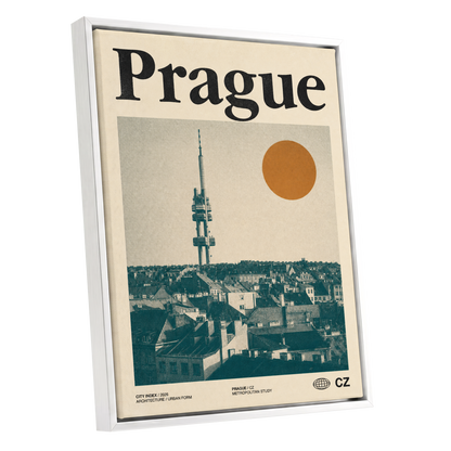 Prague Signal, beige, green, orange minimalist wall art shown as a white framed canvas wall art