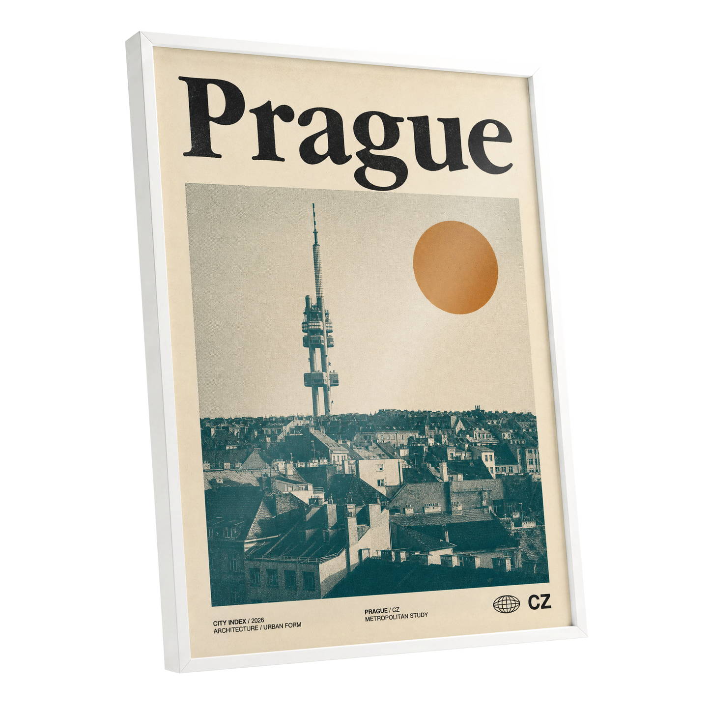 Prague Signal, beige, green, orange minimalist wall art shown as a white framed poster wall art print