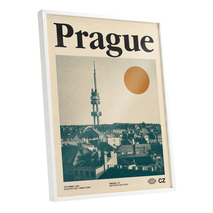 Prague Signal, beige, green, orange minimalist wall art shown as a white framed poster wall art print