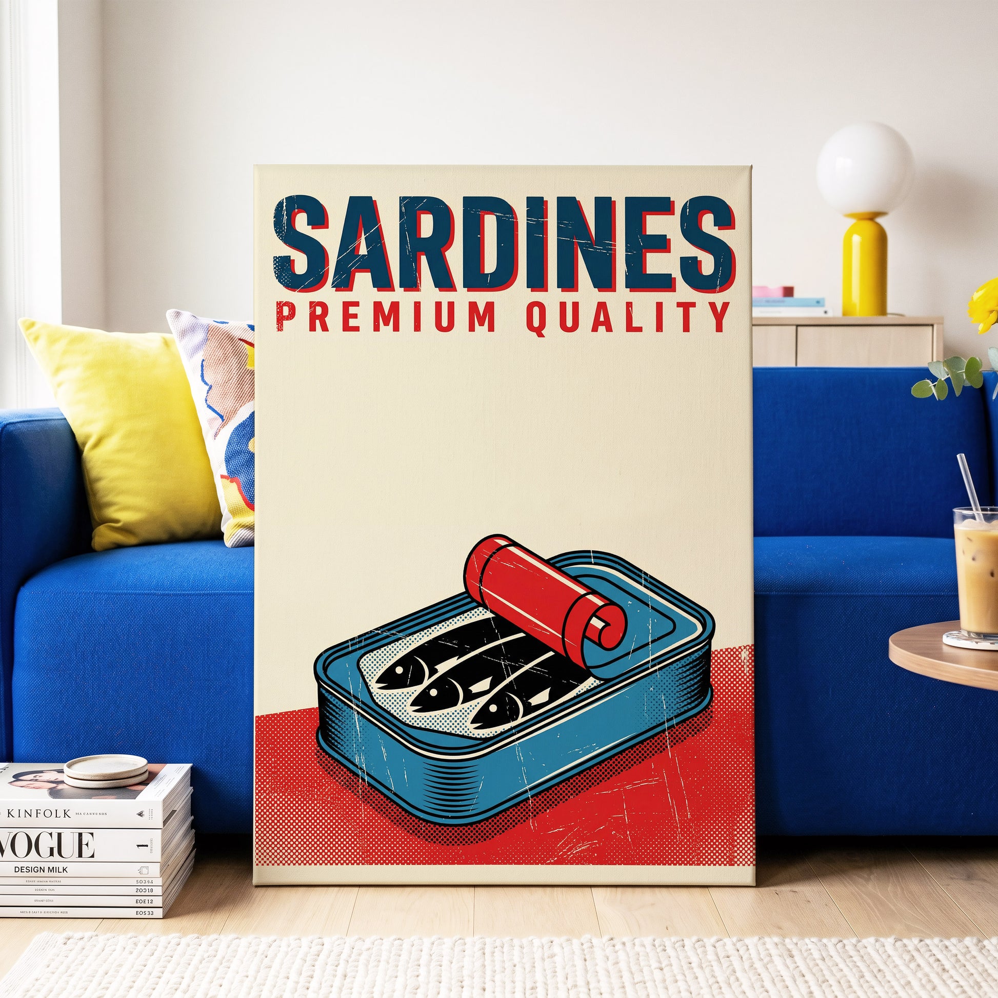 Premium Catch, beige, blue, red nature wall art on canvas displayed in a styled interior, gallery view 2