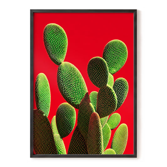 Prickly Pear Parade, red, green, gold nature wall art, front artwork view
