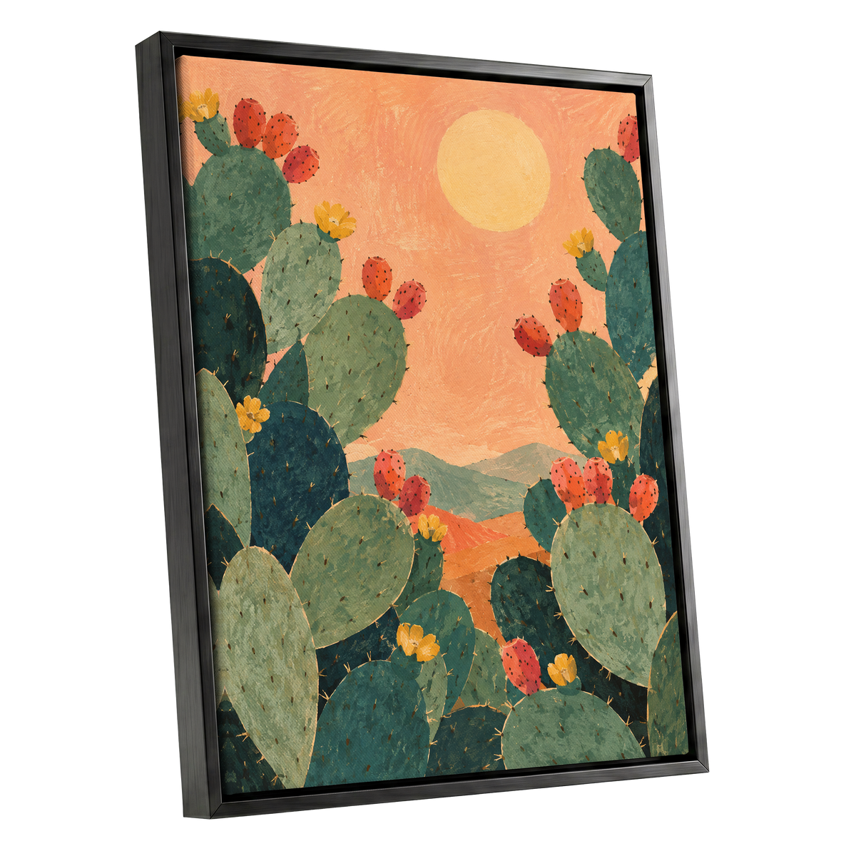 Prickly Pear Sun, green, orange, yellow nature wall art shown as a black framed canvas wall art
