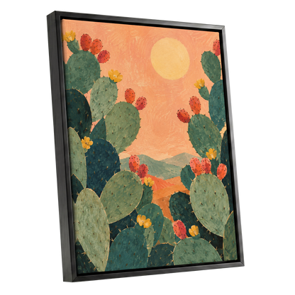 Prickly Pear Sun, green, orange, yellow nature wall art shown as a black framed canvas wall art