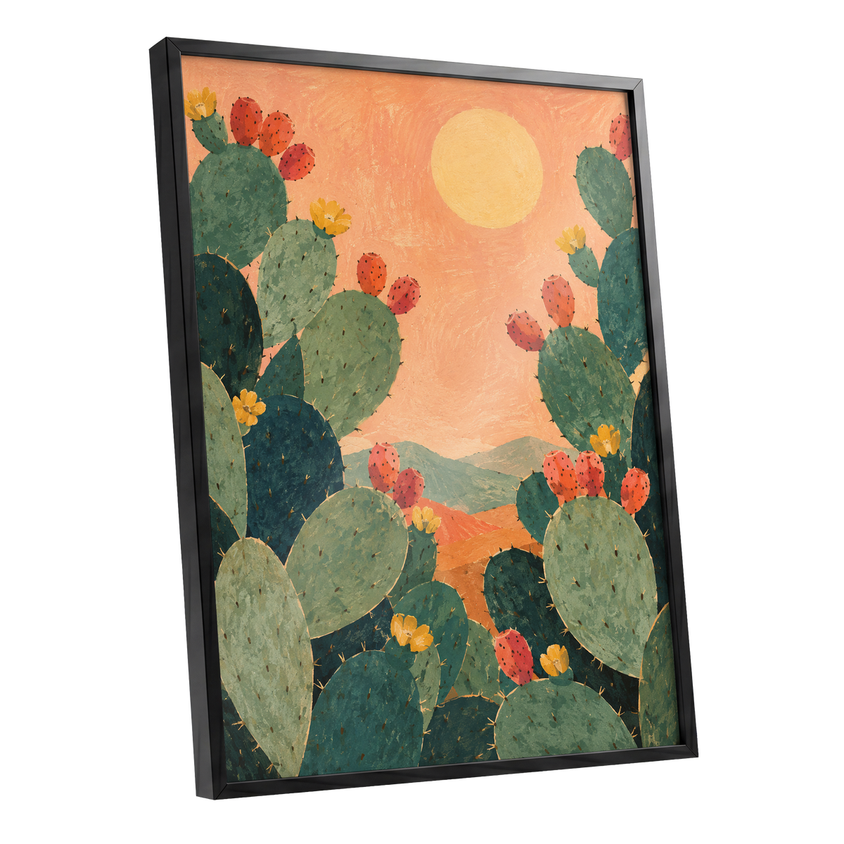 Prickly Pear Sun, green, orange, yellow nature wall art shown as a black framed poster wall art print