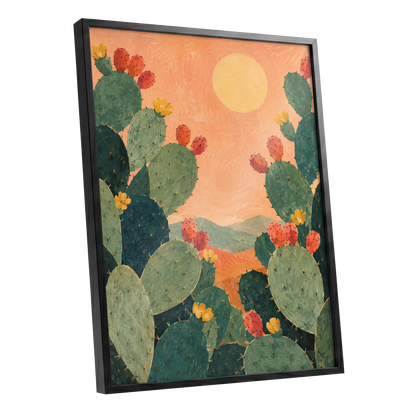 Prickly Pear Sun, green, orange, yellow nature wall art shown as a black framed poster wall art print
