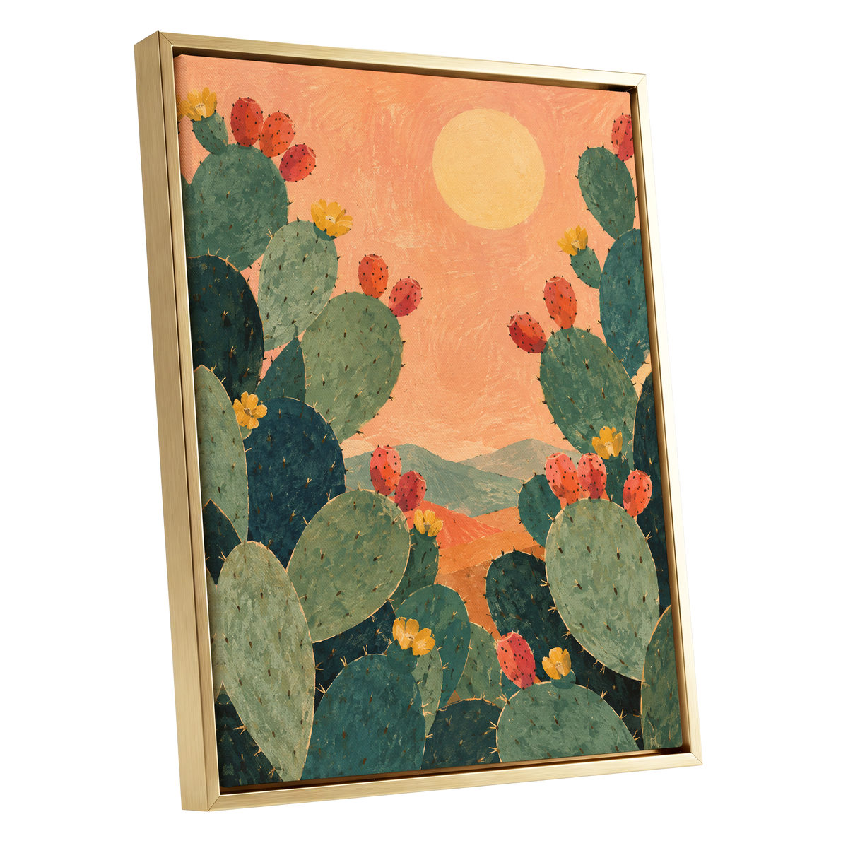 Prickly Pear Sun, green, orange, yellow nature wall art shown as a gold framed canvas wall art