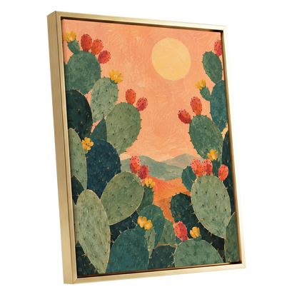 Prickly Pear Sun, green, orange, yellow nature wall art shown as a gold framed canvas wall art