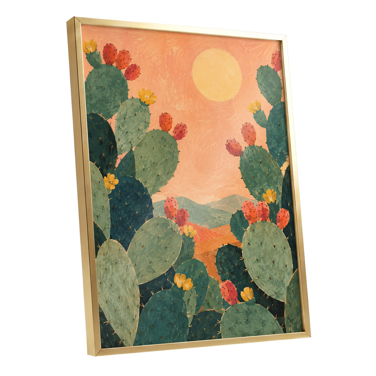 Prickly Pear Sun, green, orange, yellow nature wall art shown as a gold framed poster wall art print