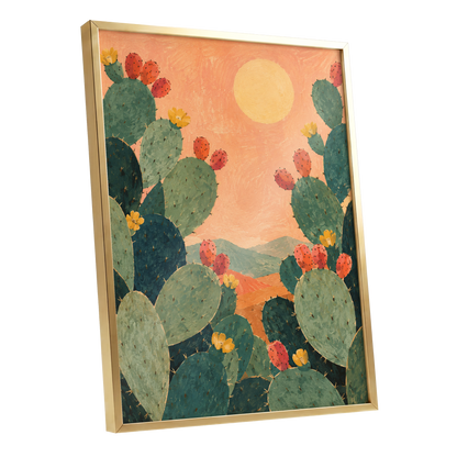 Prickly Pear Sun, green, orange, yellow nature wall art shown as a gold framed poster wall art print