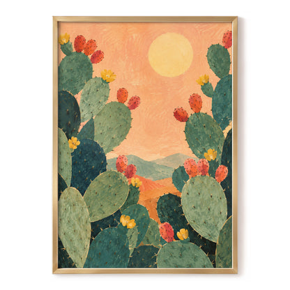 Prickly Pear Sun, green, orange, yellow nature wall art, front artwork view