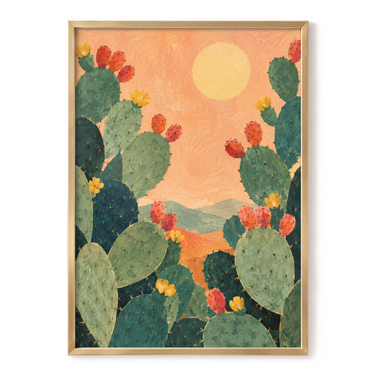 Prickly Pear Sun, green, orange, yellow nature wall art, front artwork view