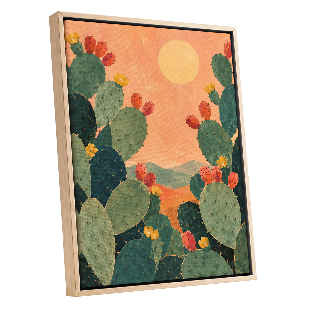 Prickly Pear Sun, green, orange, yellow nature wall art shown as a oak framed canvas wall art