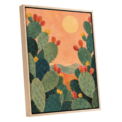 Prickly Pear Sun, green, orange, yellow nature wall art shown as a oak framed canvas wall art