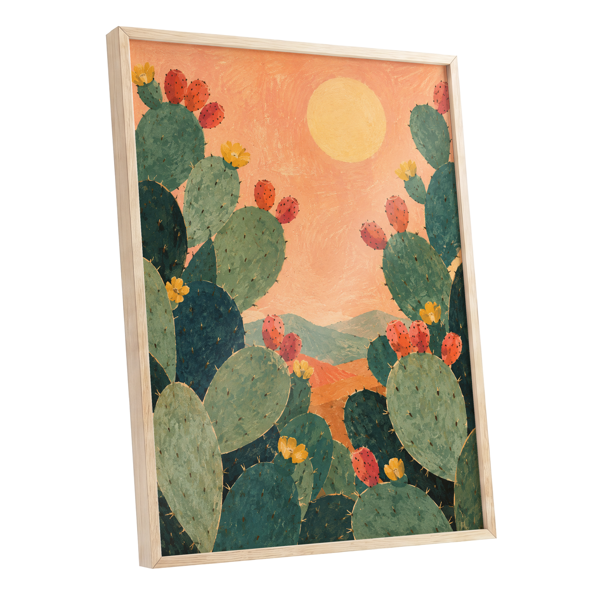 Prickly Pear Sun, green, orange, yellow nature wall art shown as a oak framed poster wall art print