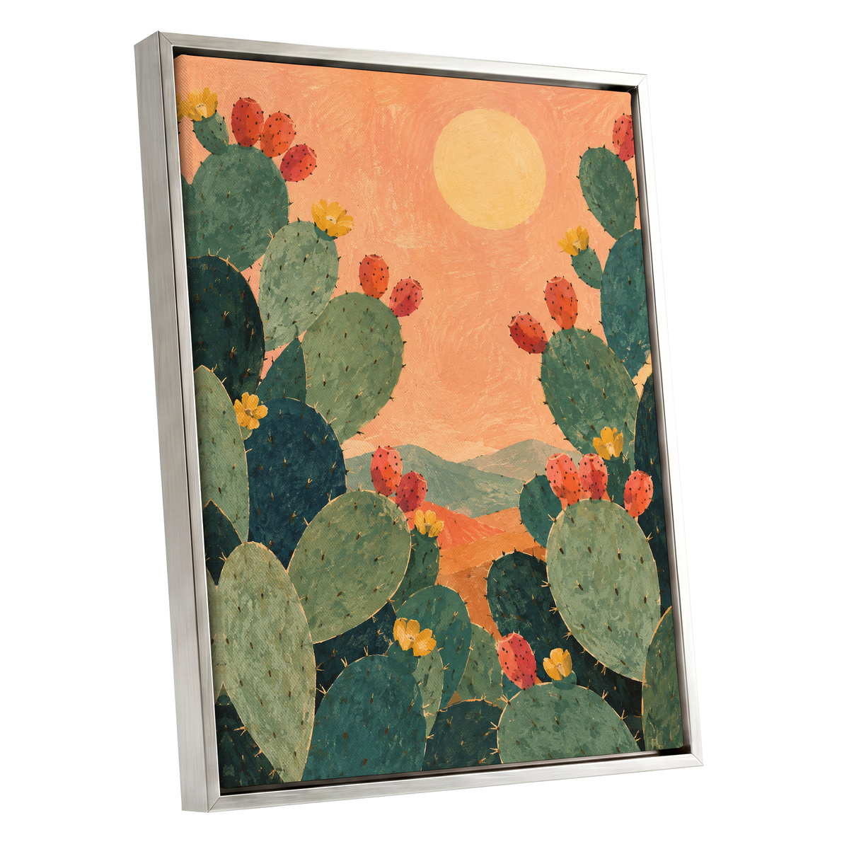 Prickly Pear Sun, green, orange, yellow nature wall art shown as a silver framed canvas wall art