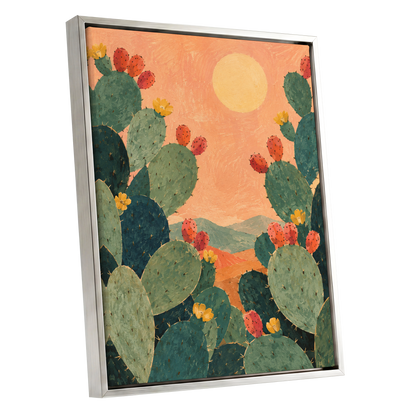 Prickly Pear Sun, green, orange, yellow nature wall art shown as a silver framed canvas wall art