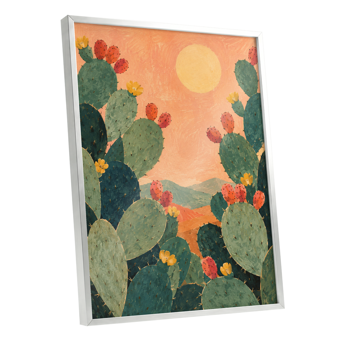 Prickly Pear Sun, green, orange, yellow nature wall art shown as a silver framed poster wall art print