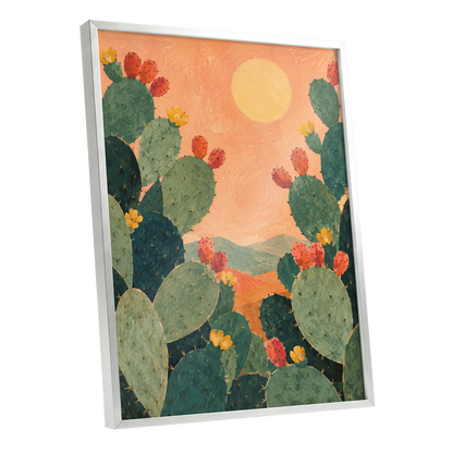 Prickly Pear Sun, green, orange, yellow nature wall art shown as a silver framed poster wall art print