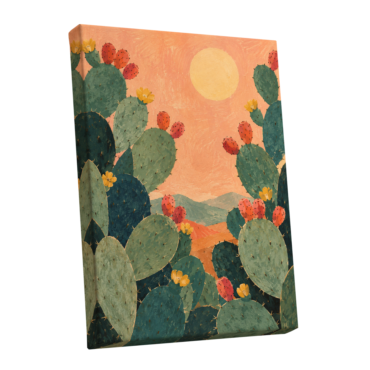 Prickly Pear Sun, green, orange, yellow nature wall art shown as a stretched canvas wall art