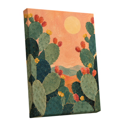 Prickly Pear Sun, green, orange, yellow nature wall art shown as a stretched canvas wall art