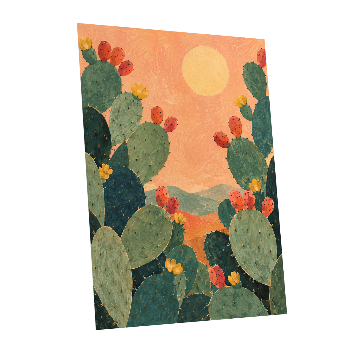 Prickly Pear Sun, green, orange, yellow nature wall art shown as a unframed poster wall art print