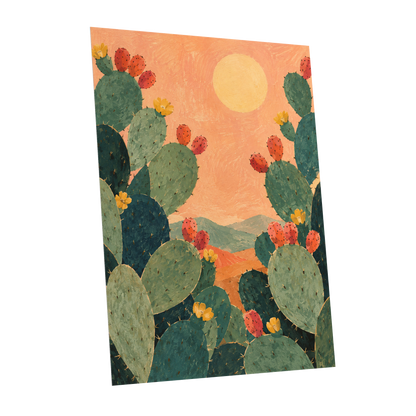 Prickly Pear Sun, green, orange, yellow nature wall art shown as a unframed poster wall art print