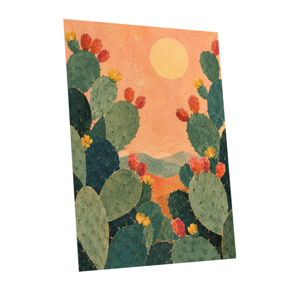 Prickly Pear Sun, green, orange, yellow nature wall art shown as a unframed poster wall art print