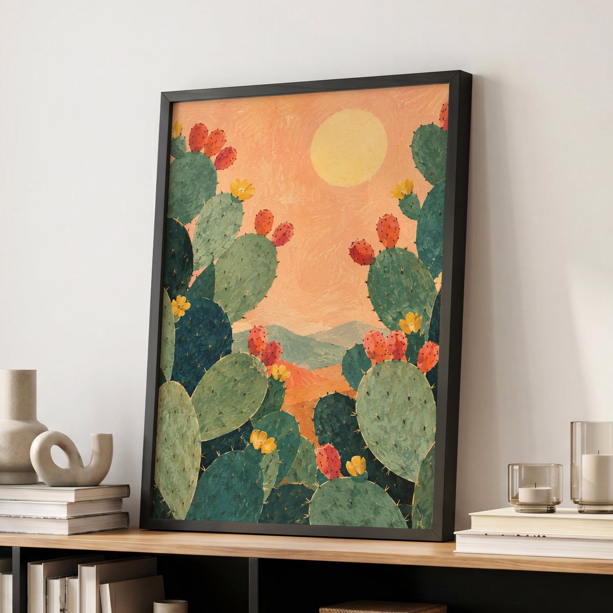 Prickly Pear Sun, green, orange, yellow nature wall art displayed in a styled interior, gallery view 2