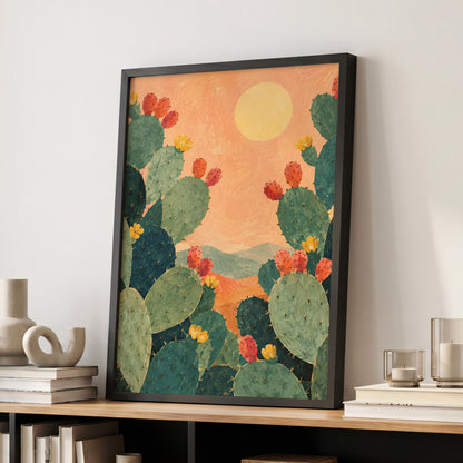 Prickly Pear Sun, green, orange, yellow nature wall art displayed in a styled interior, gallery view 2