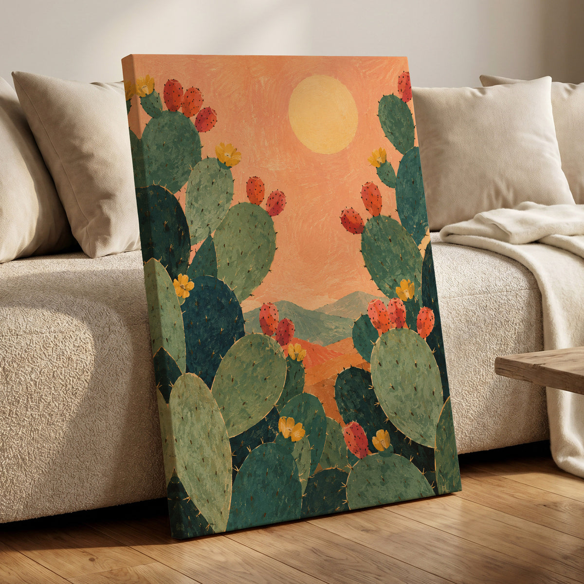 Prickly Pear Sun, green, orange, yellow nature wall art displayed in a styled interior, gallery view 3
