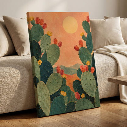 Prickly Pear Sun, green, orange, yellow nature wall art displayed in a styled interior, gallery view 3