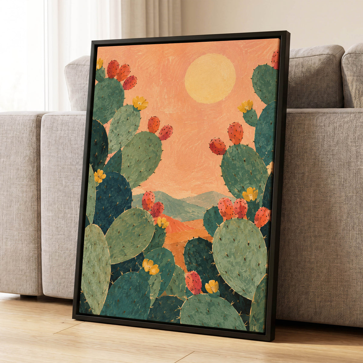 Prickly Pear Sun, green, orange, yellow nature wall art displayed in a styled interior, gallery view 4