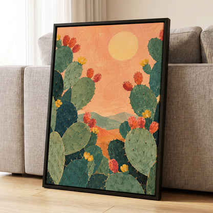 Prickly Pear Sun, green, orange, yellow nature wall art displayed in a styled interior, gallery view 4