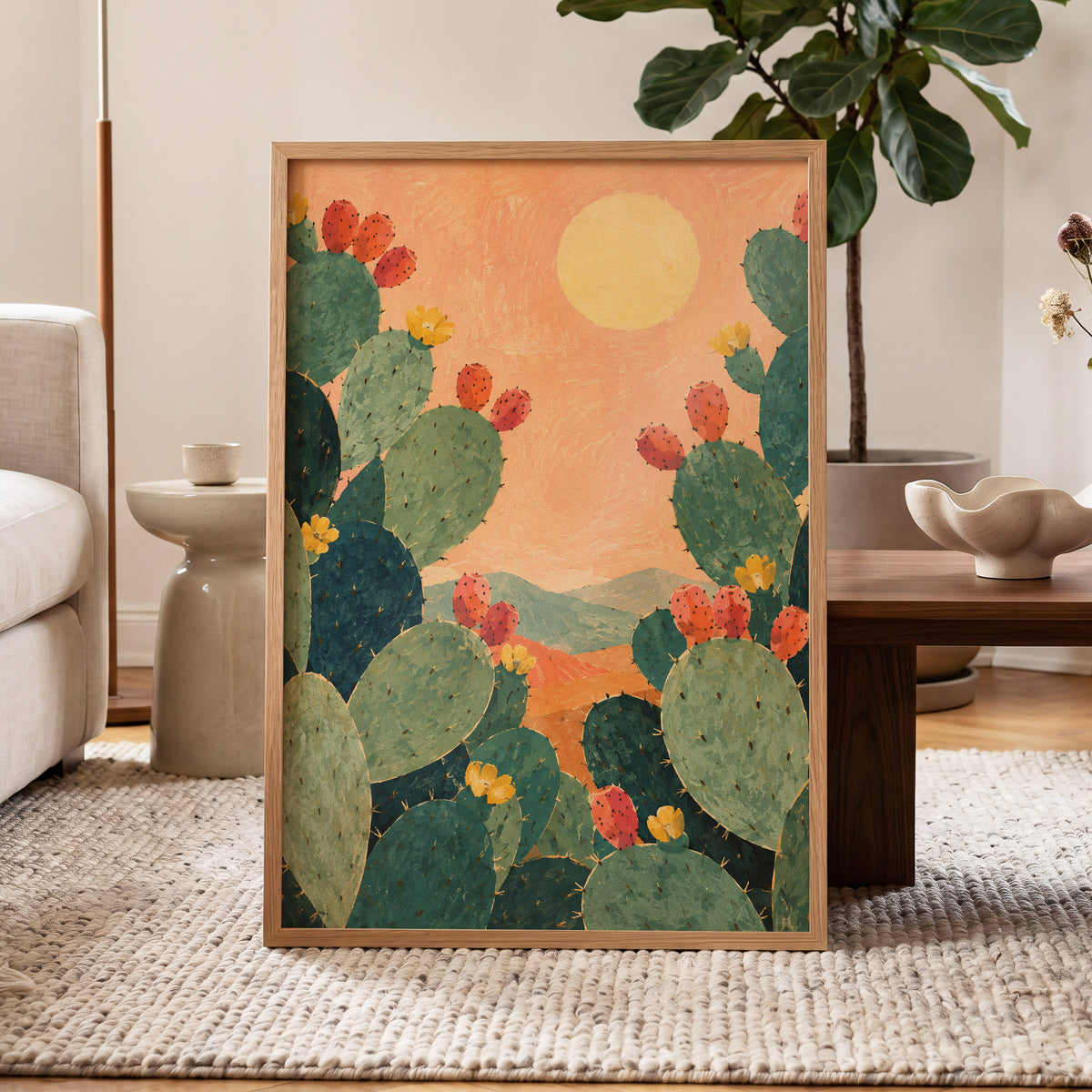 Prickly Pear Sun, green, orange, yellow nature wall art displayed in a styled interior, gallery view 6