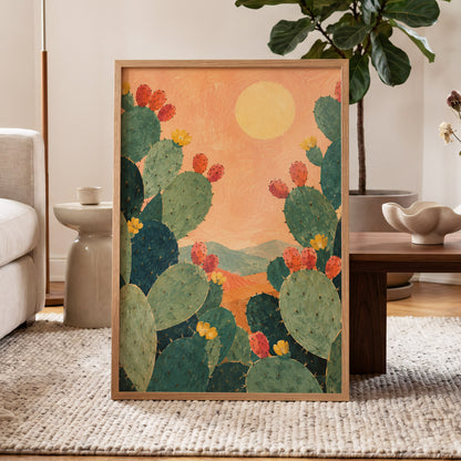 Prickly Pear Sun, green, orange, yellow nature wall art displayed in a styled interior, gallery view 6