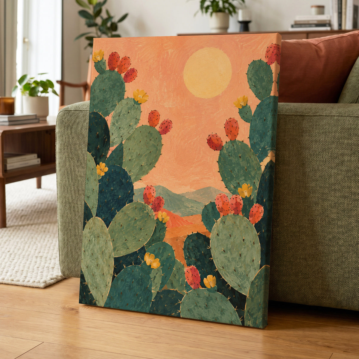 Prickly Pear Sun, green, orange, yellow nature wall art displayed in a styled interior, gallery view 7