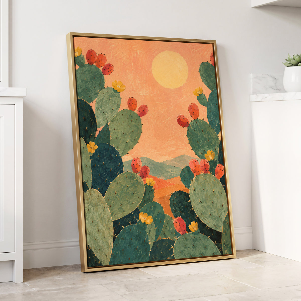 Prickly Pear Sun, green, orange, yellow nature wall art displayed in a styled interior, gallery view 8