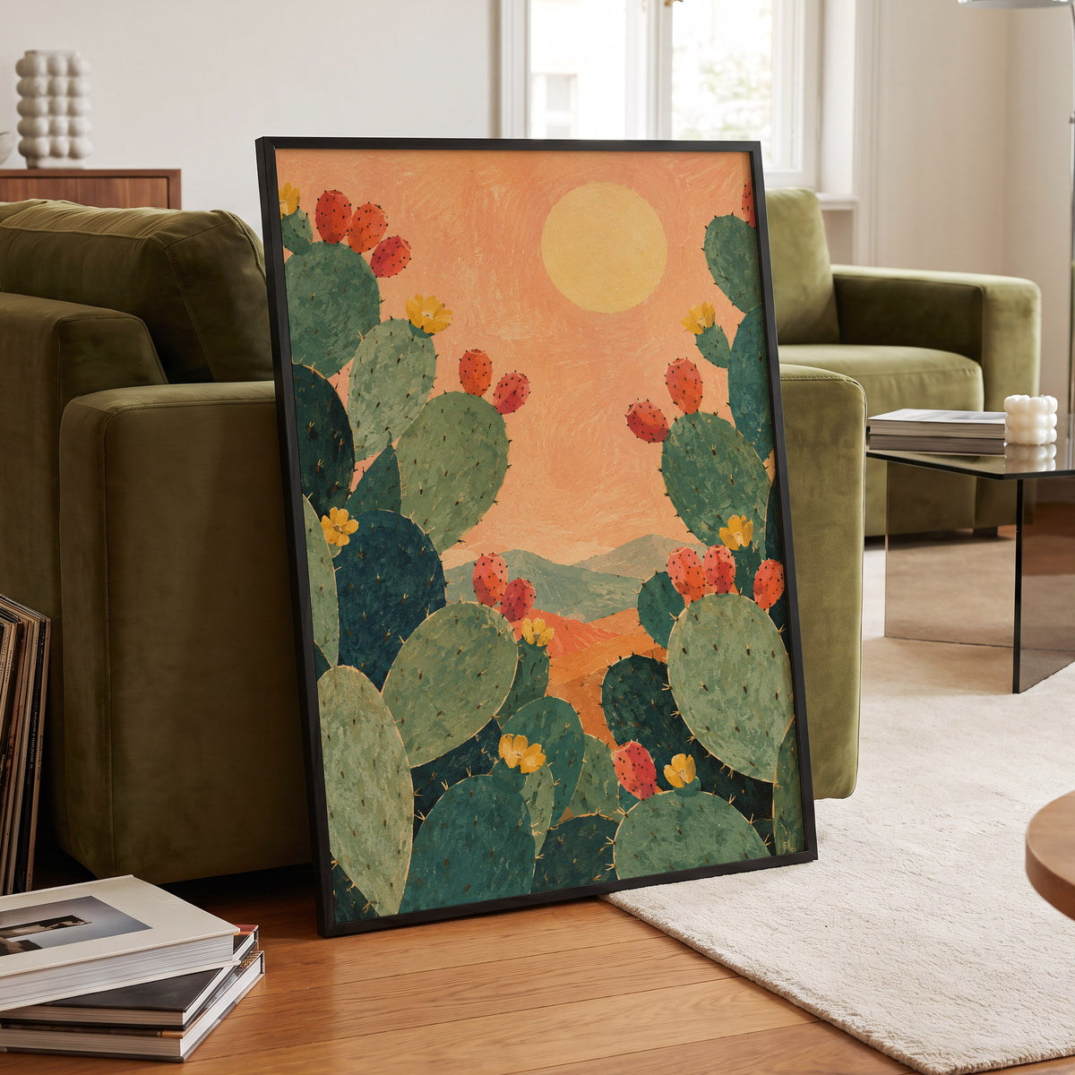 Prickly Pear Sun, green, orange, yellow nature wall art displayed in a styled interior, gallery view 9